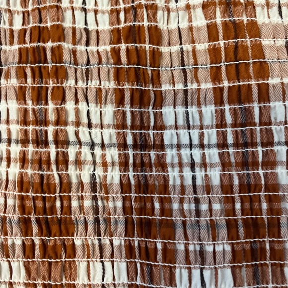 Check brown and white smocked puff sleeve square neck peasant dress NWT - Picture 6 of 14